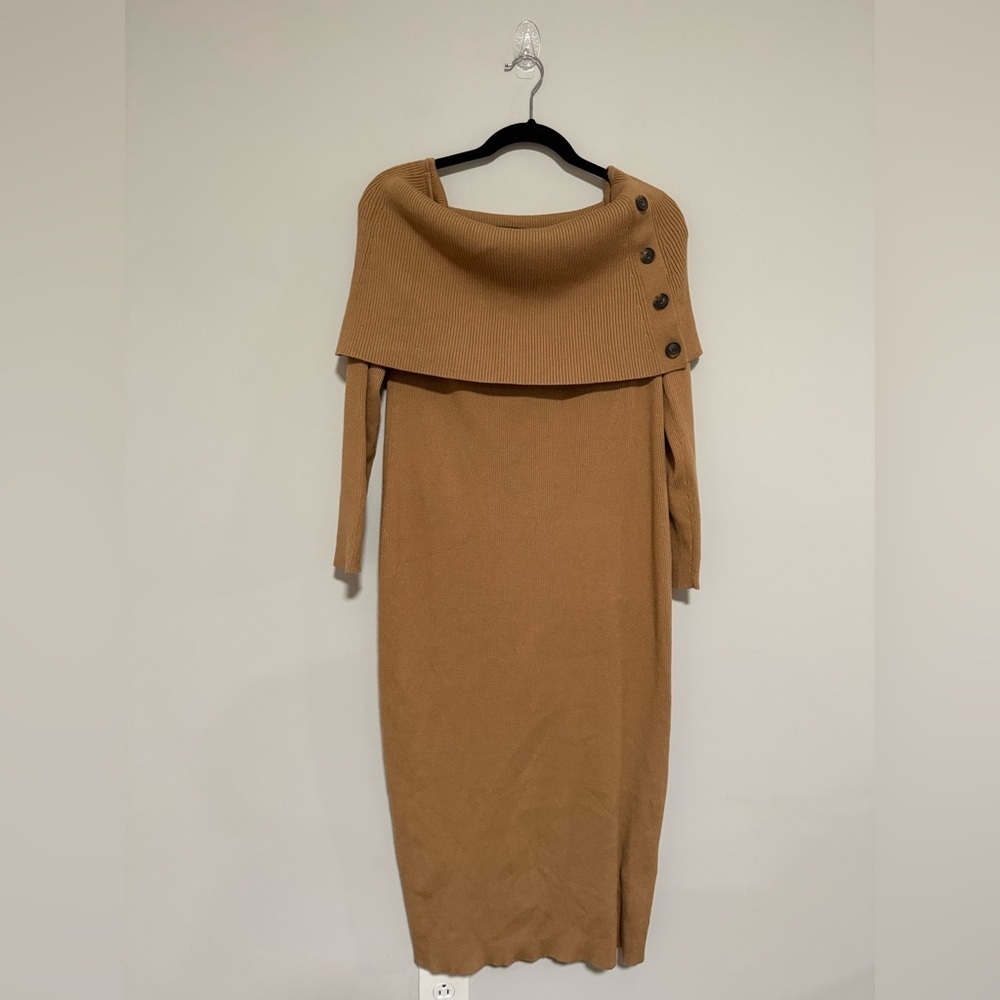 Banana Republic Tan Off-the-Shoulder Ribbed Sweater Midi Dress Medium Tall